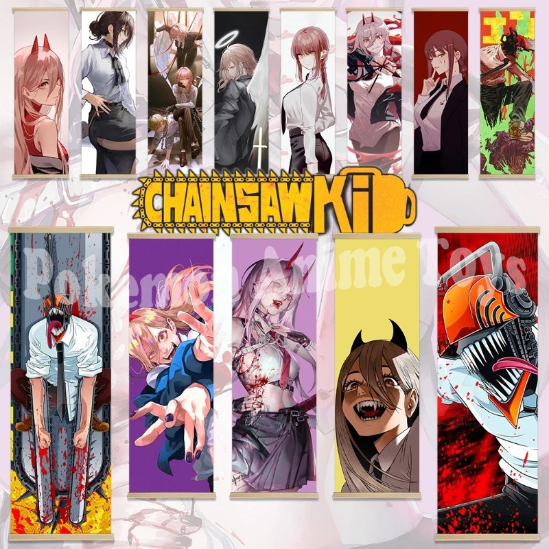 Woodworking Tv - Chainsaw Man Anime-Poster mit Holzrahmen, Scroll-Gemälde,