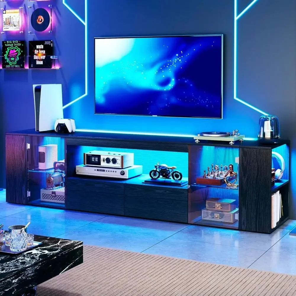 Woodworking Tv - LED-beleuchteter 75-Zoll-TV-Ständer, modernes Holz-Entertainment-Center mit 5